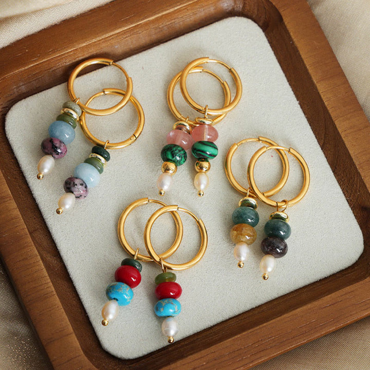 Buddha Stonesチベット マルニ石デザイン 天然赤瑪瑙パール コンフィデンス チタンスチールイヤリング