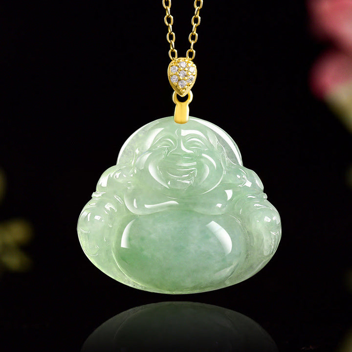 Buddha Stones925スターリングシルバー 天然翡翠 笑う仏陀 幸運 繁栄 チェーンネックレス ペンダント - 翡翠(豊かさ♥豊穣) - image 1