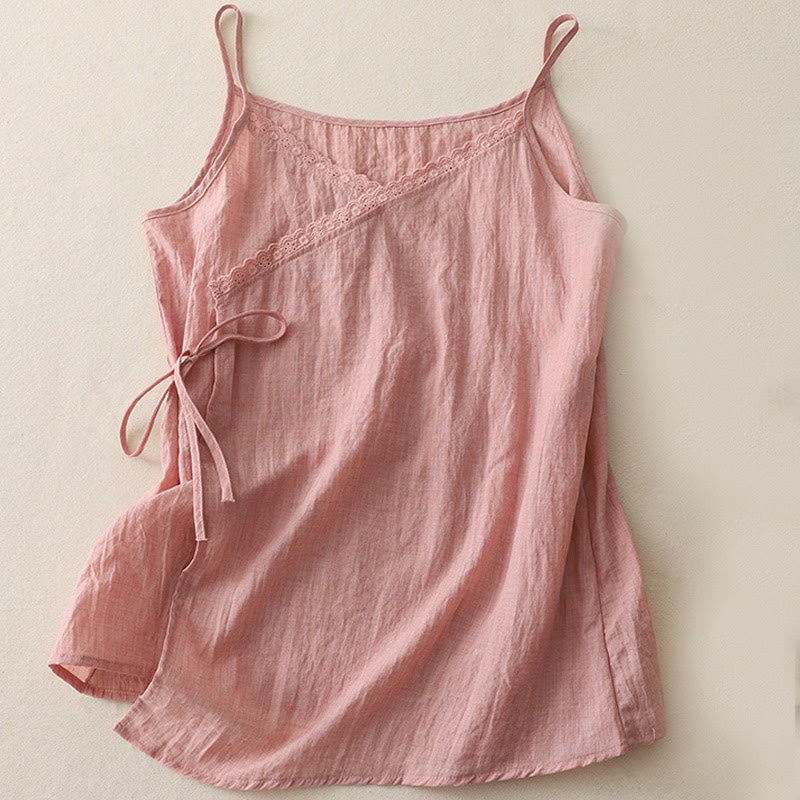 Buddha Stonesヴィンテージ サイドレースアップ スプライシングレース Vネック ノースリーブ レディース ベスト - ライトピンク - US12、 UK/AU16、 EU44 (2XL) - image 0