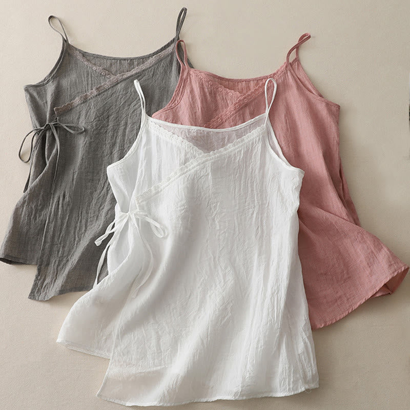 Buddha Stonesヴィンテージ サイドレースアップ スプライシングレース Vネック ノースリーブ レディース ベスト - image 13