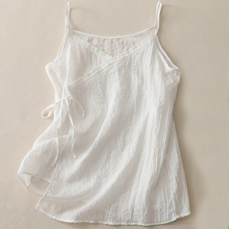 Buddha Stonesヴィンテージ サイドレースアップ スプライシングレース Vネック ノースリーブ レディース ベスト - 白 - US12、 UK/AU16、 EU44 (2XL) - image 4