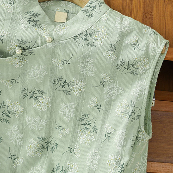 Buddha Stonesのレトロプリント花柄植物柄中国風カエルボタンデザインレディースコットンノースリーブベスト - image 21