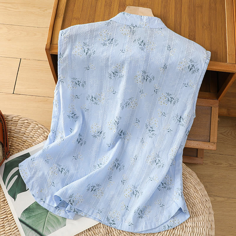 Buddha Stonesのレトロプリント花柄植物柄中国風カエルボタンデザインレディースコットンノースリーブベスト - image 24