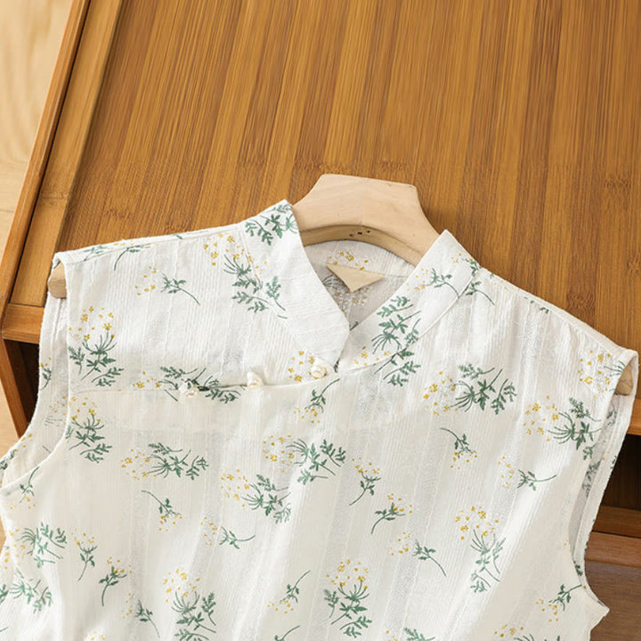 Buddha Stonesのレトロプリント花柄植物柄中国風カエルボタンデザインレディースコットンノースリーブベスト - image 2