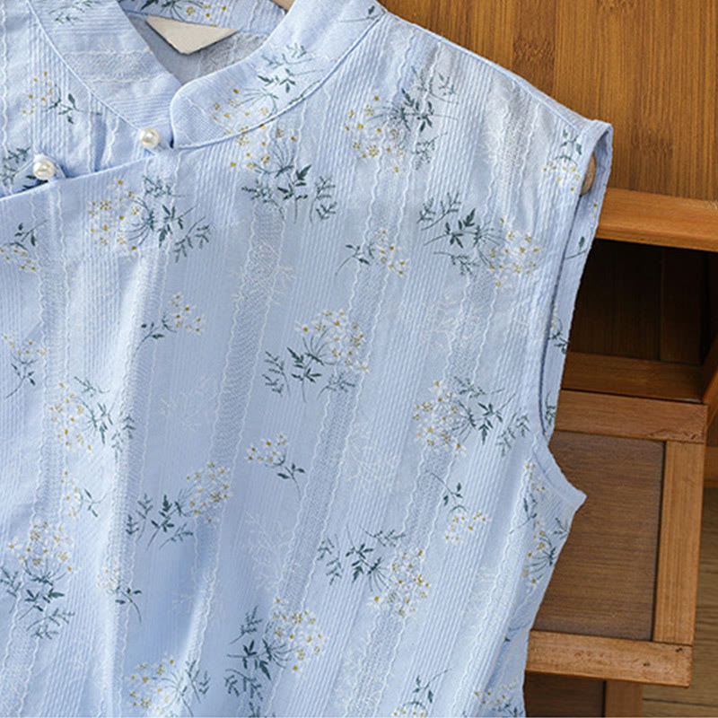 Buddha Stonesのレトロプリント花柄植物柄中国風カエルボタンデザインレディースコットンノースリーブベスト - image 25