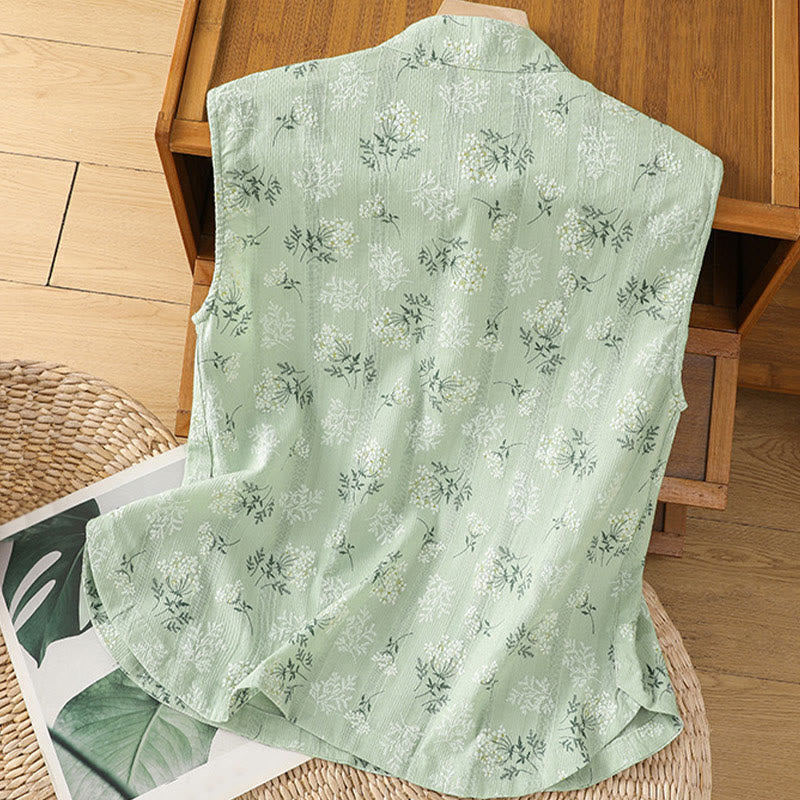 Buddha Stonesのレトロプリント花柄植物柄中国風カエルボタンデザインレディースコットンノースリーブベスト - image 18