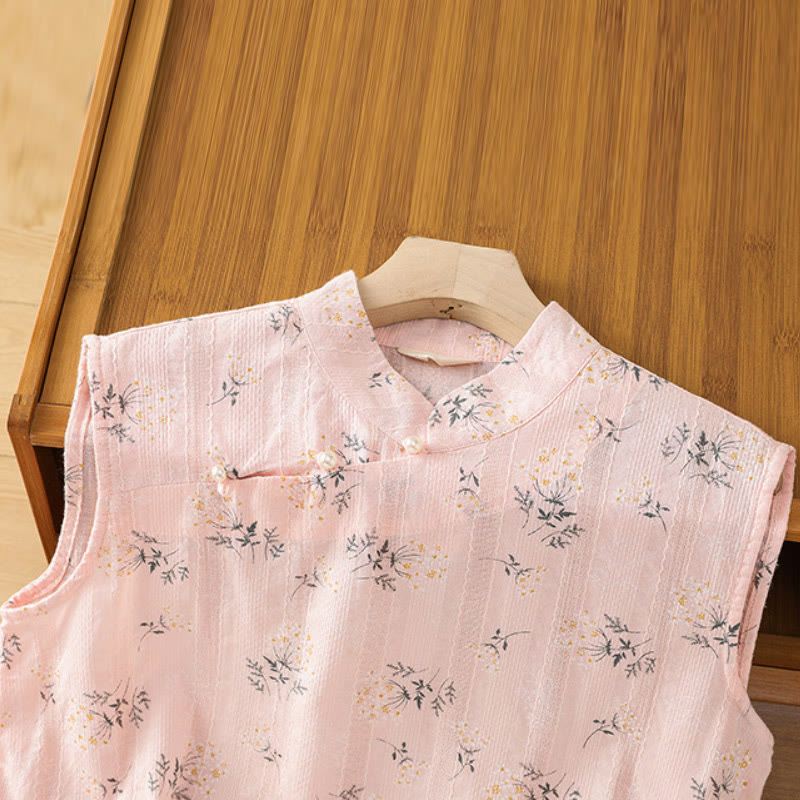 Buddha Stonesのレトロプリント花柄植物柄中国風カエルボタンデザインレディースコットンノースリーブベスト - image 12