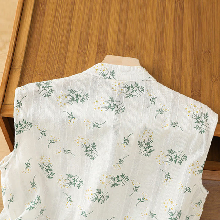 Buddha Stonesのレトロプリント花柄植物柄中国風カエルボタンデザインレディースコットンノースリーブベスト - image 3