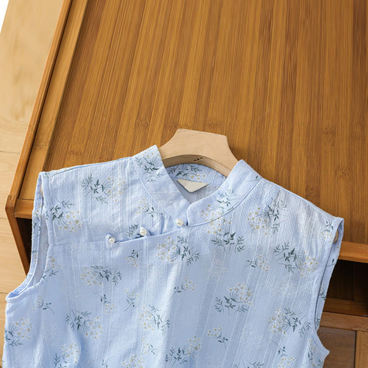 Buddha Stonesのレトロプリント花柄植物柄中国風カエルボタンデザインレディースコットンノースリーブベスト - image 27