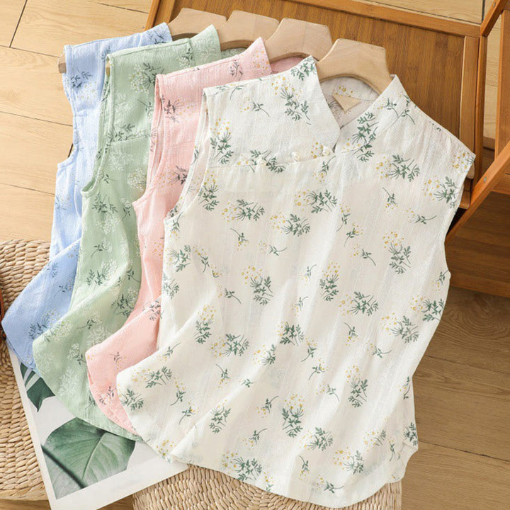 Buddha Stonesのレトロプリント花柄植物柄中国風カエルボタンデザインレディースコットンノースリーブベスト - image 30