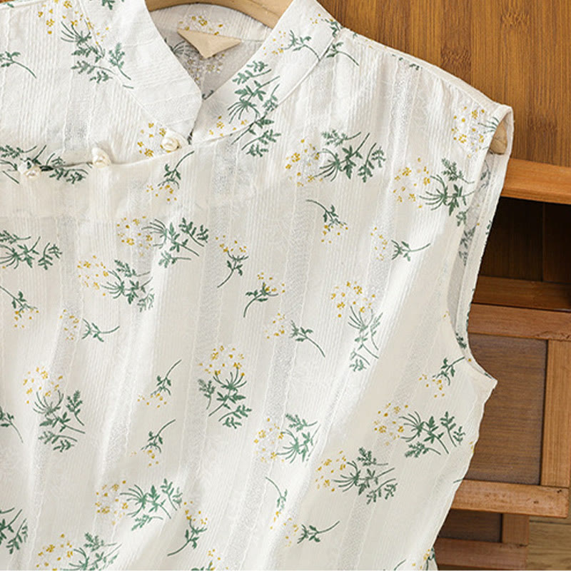 Buddha Stonesのレトロプリント花柄植物柄中国風カエルボタンデザインレディースコットンノースリーブベスト - image 4