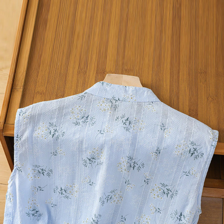 Buddha Stonesのレトロプリント花柄植物柄中国風カエルボタンデザインレディースコットンノースリーブベスト - image 28