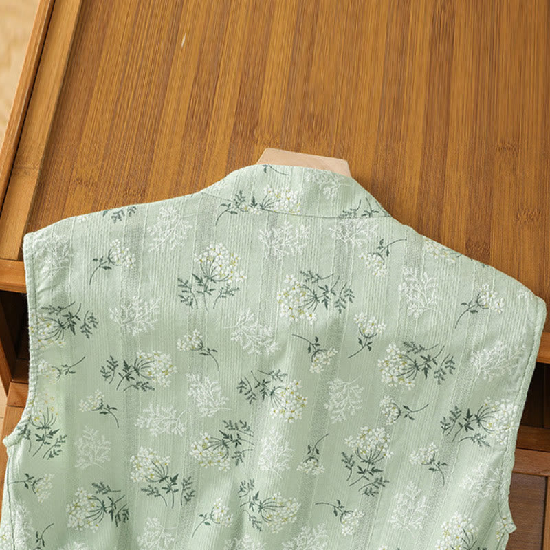 Buddha Stonesのレトロプリント花柄植物柄中国風カエルボタンデザインレディースコットンノースリーブベスト - image 20