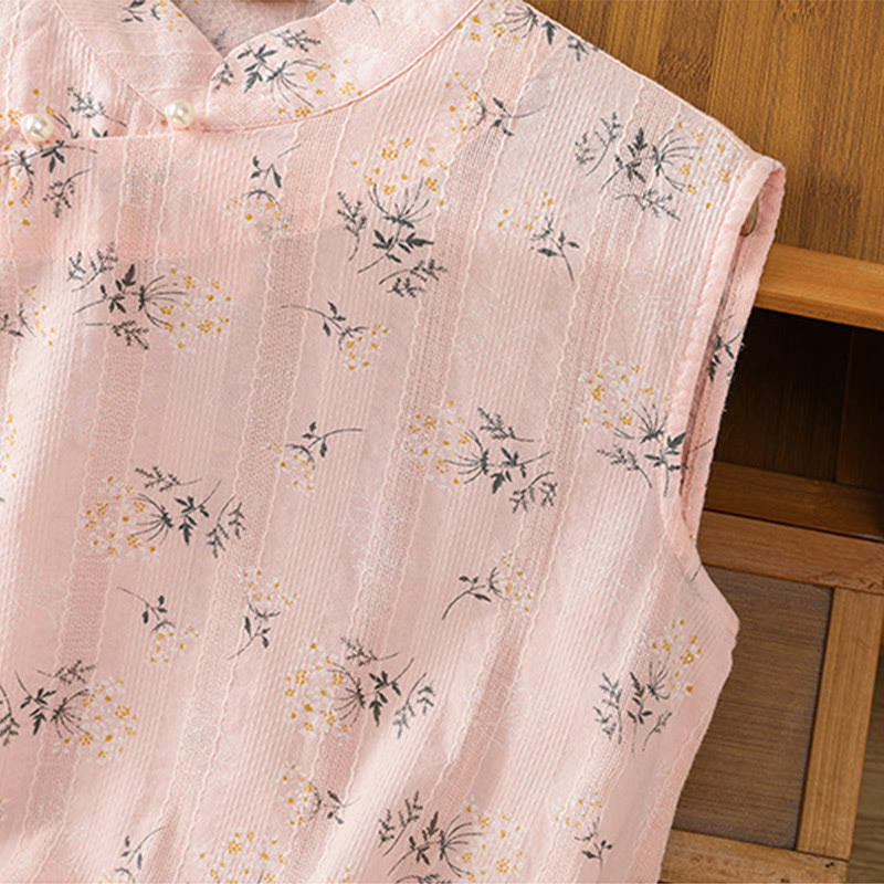 Buddha Stonesのレトロプリント花柄植物柄中国風カエルボタンデザインレディースコットンノースリーブベスト - image 14