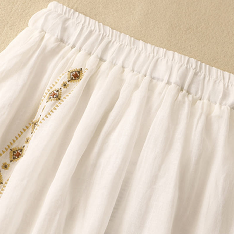 Buddha Stonesエスニックヴィンテージ刺繍ボタンデザインレディースコットンリネン7-8丈スカート - image 6