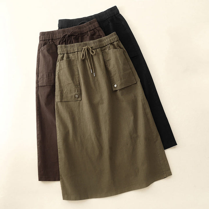 Buddha Stonesヴィンテージ プレーン ドローストリング ボタンデザイン スライド スリット レディース コットン リネン 7-8丈 スカート ポケット付き - image 15