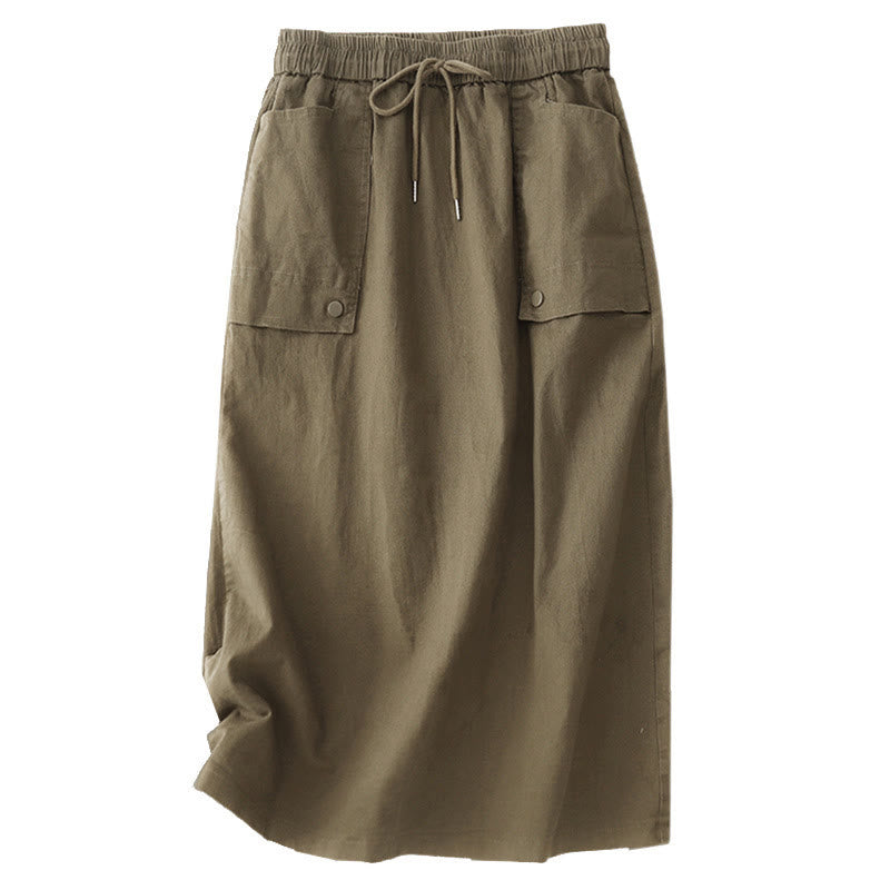 Buddha Stonesヴィンテージ プレーン ドローストリング ボタンデザイン スライド スリット レディース コットン リネン 7-8丈 スカート ポケット付き - image 6