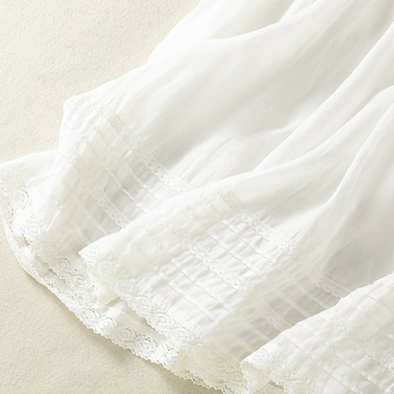 Buddha Stones夏 無地 ドローストリング レース パッチワークデザイン レディース コットンリネン 7-8丈スカート