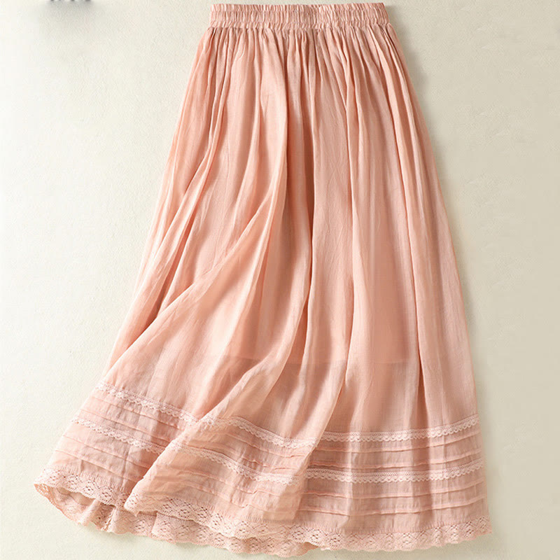 Buddha Stones夏 無地 ドローストリング レース パッチワークデザイン レディース コットンリネン 7-8丈スカート