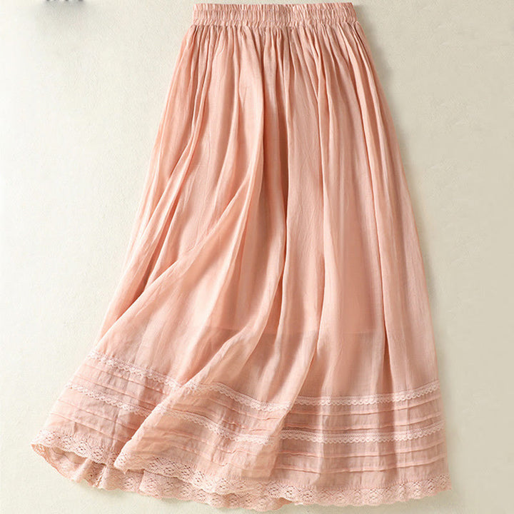 Buddha Stones夏 無地 ドローストリング レース パッチワークデザイン レディース コットンリネン 7-8丈スカート