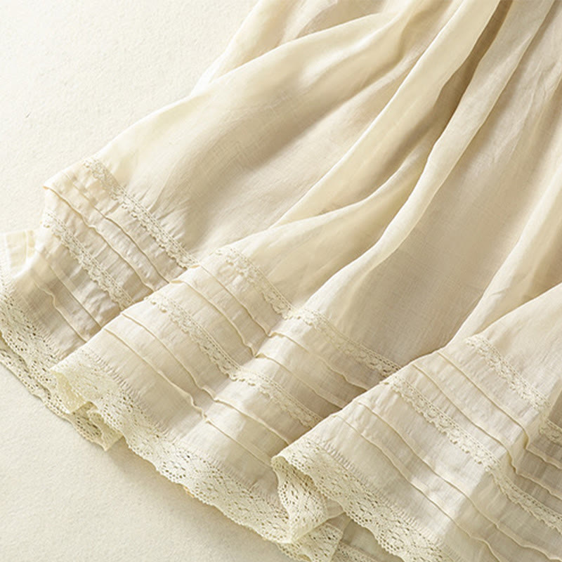 Buddha Stones夏 無地 ドローストリング レース パッチワークデザイン レディース コットンリネン 7-8丈スカート