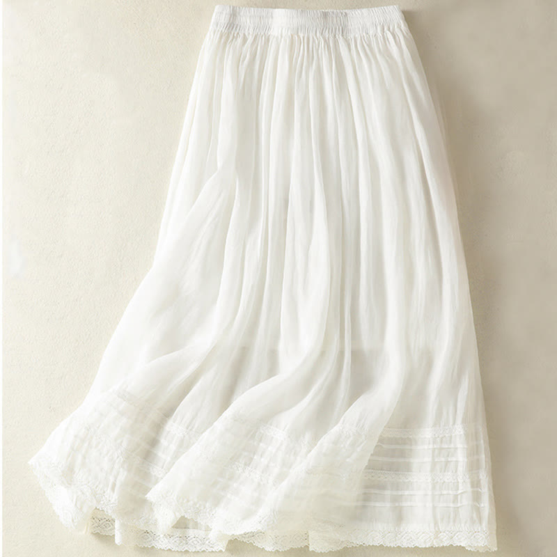 Buddha Stones夏 無地 ドローストリング レース パッチワークデザイン レディース コットンリネン 7-8丈スカート