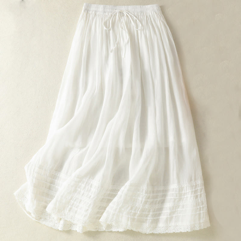Buddha Stones夏 無地 ドローストリング レース パッチワークデザイン レディース コットンリネン 7-8丈スカート