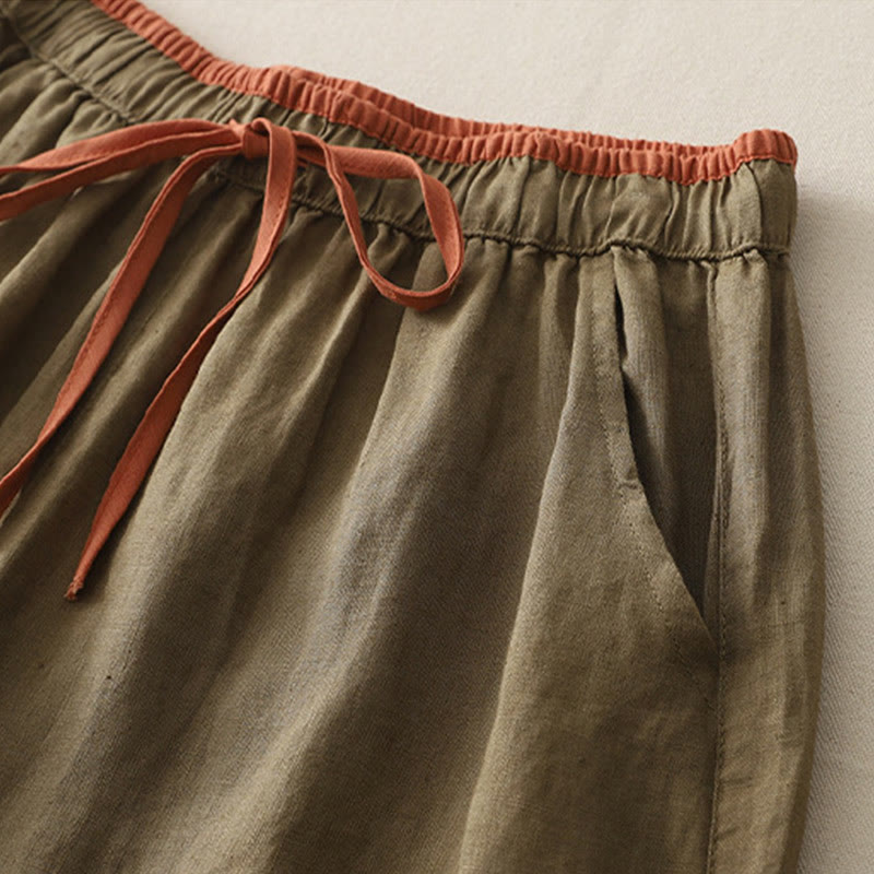 Buddha Stonesカジュアル カラーブロック ドローストリング レディース コットン ワイドレッグパンツ ポケット付き - image 1