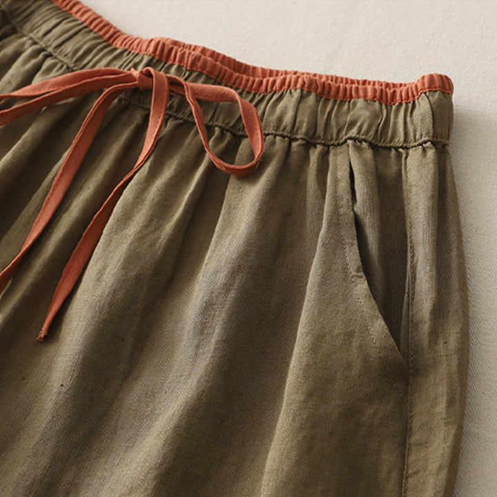 Buddha Stonesカジュアル カラーブロック ドローストリング レディース コットン ワイドレッグパンツ ポケット付き - image 1