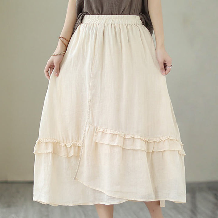 Buddha Stonesヴィンテージアーティスティックピュアカラーフリルデザイン不規則なレディースコットンリネンスカート