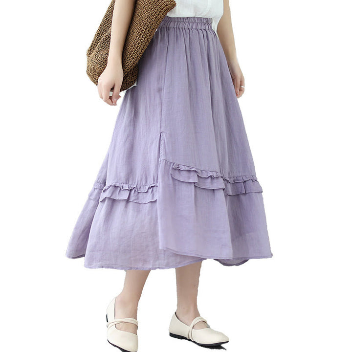 Buddha Stonesヴィンテージアーティスティックピュアカラーフリルデザイン不規則なレディースコットンリネンスカート