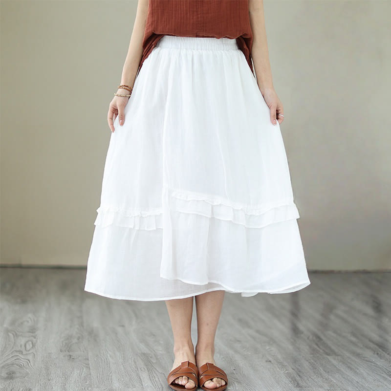 Buddha Stonesヴィンテージアーティスティックピュアカラーフリルデザイン不規則なレディースコットンリネンスカート