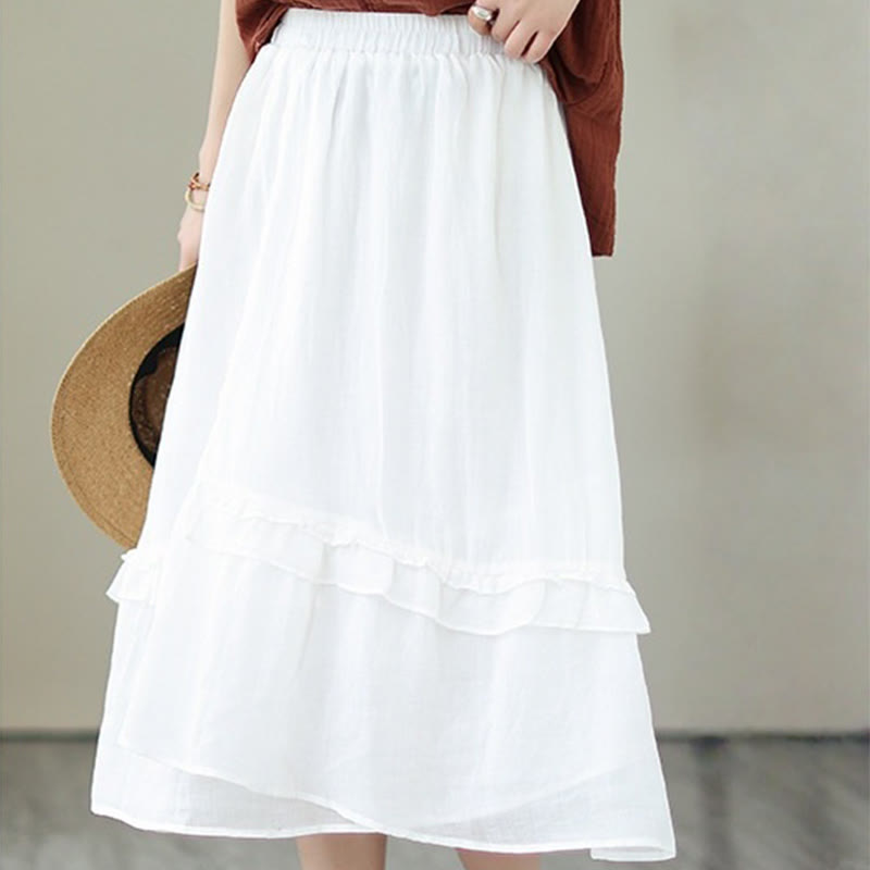 Buddha Stonesヴィンテージアーティスティックピュアカラーフリルデザイン不規則なレディースコットンリネンスカート