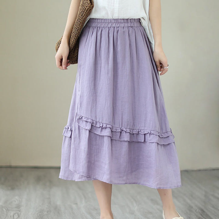 Buddha Stonesヴィンテージアーティスティックピュアカラーフリルデザイン不規則なレディースコットンリネンスカート