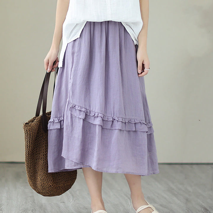 Buddha Stonesヴィンテージアーティスティックピュアカラーフリルデザイン不規則なレディースコットンリネンスカート