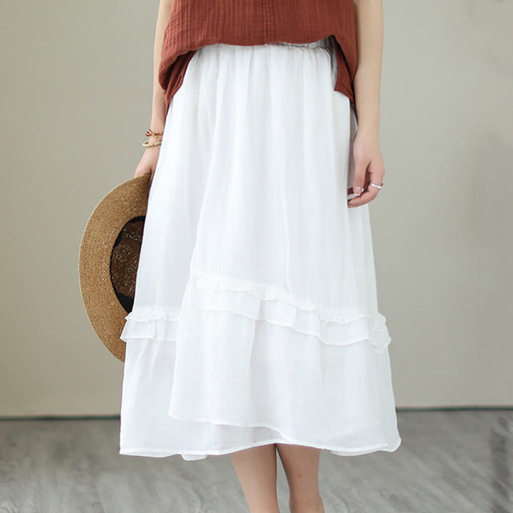 Buddha Stonesヴィンテージアーティスティックピュアカラーフリルデザイン不規則なレディースコットンリネンスカート