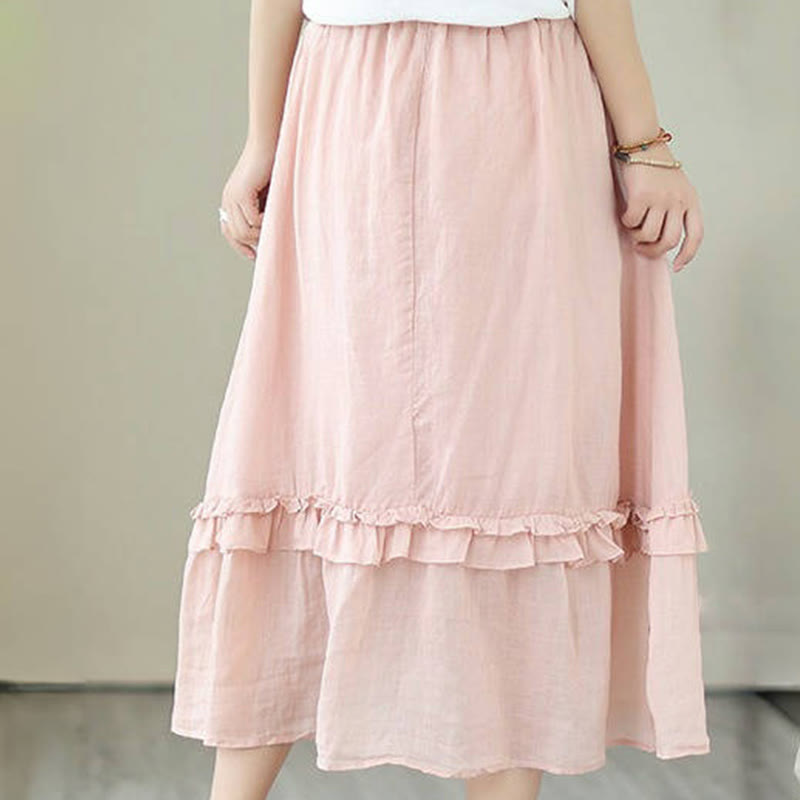 Buddha Stonesヴィンテージアーティスティックピュアカラーフリルデザイン不規則なレディースコットンリネンスカート