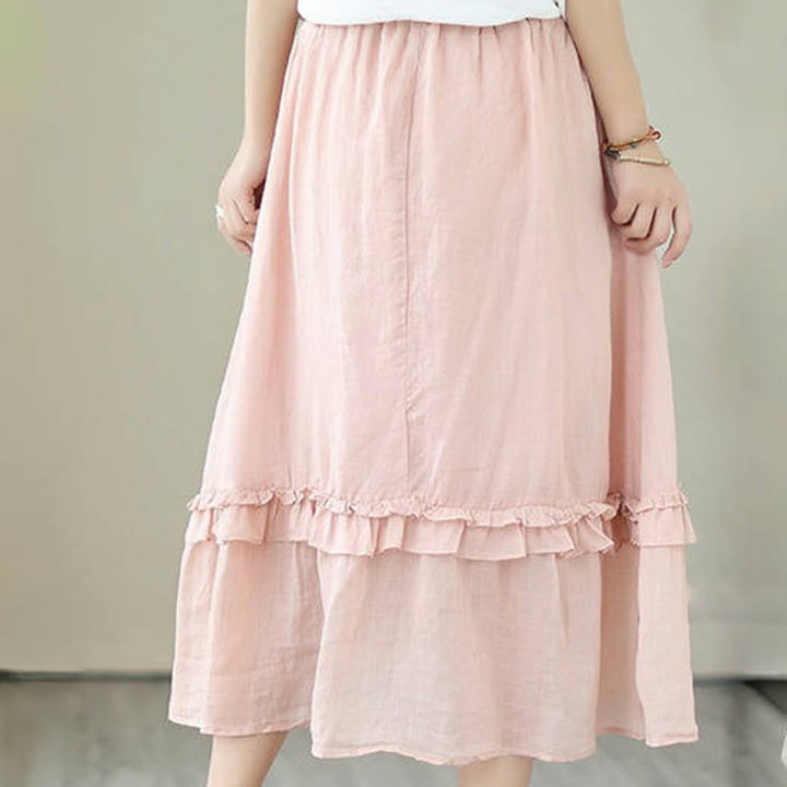 Buddha Stonesヴィンテージアーティスティックピュアカラーフリルデザイン不規則なレディースコットンリネンスカート