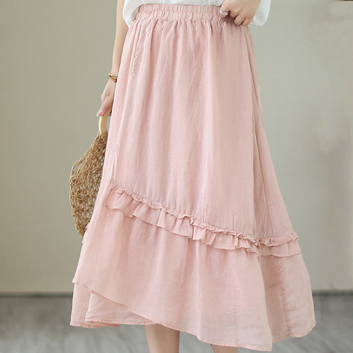 Buddha Stonesヴィンテージアーティスティックピュアカラーフリルデザイン不規則なレディースコットンリネンスカート