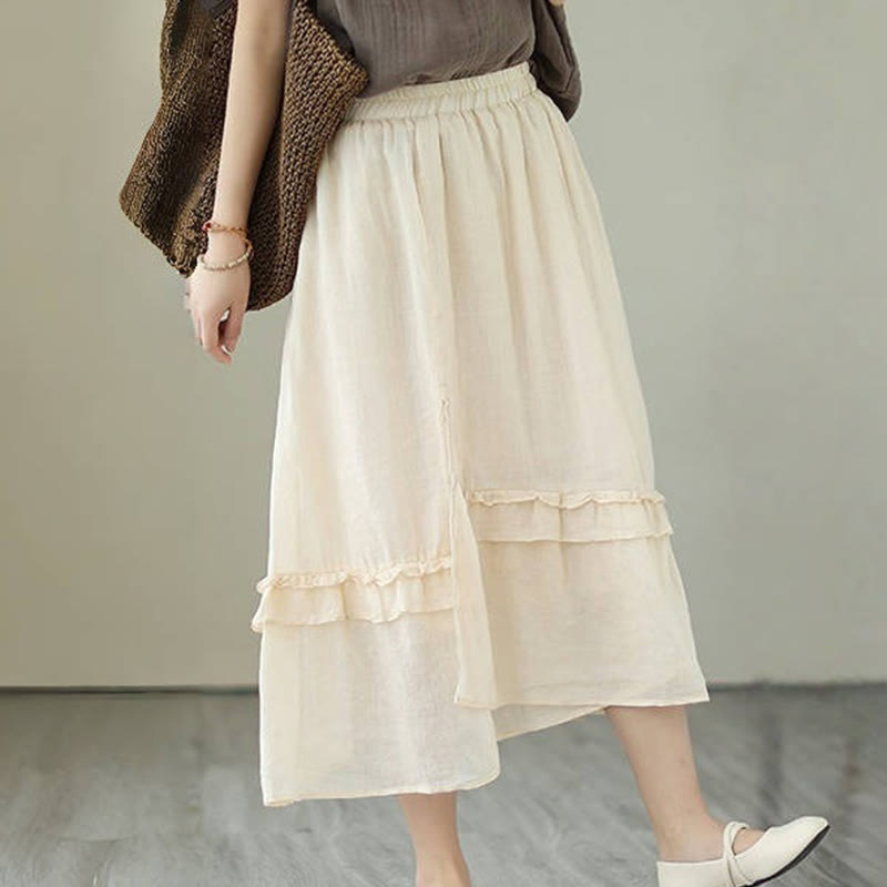 Buddha Stonesヴィンテージアーティスティックピュアカラーフリルデザイン不規則なレディースコットンリネンスカート