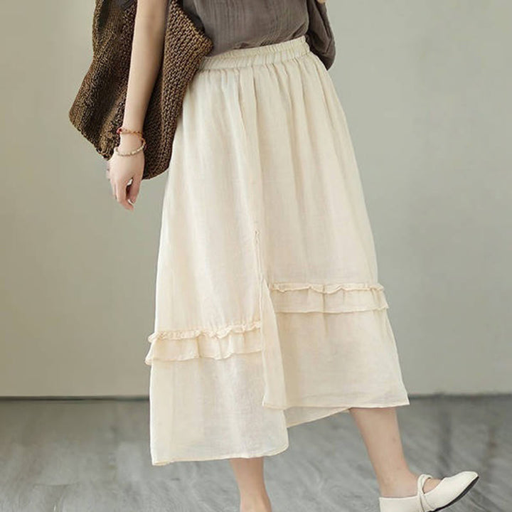 Buddha Stonesヴィンテージアーティスティックピュアカラーフリルデザイン不規則なレディースコットンリネンスカート