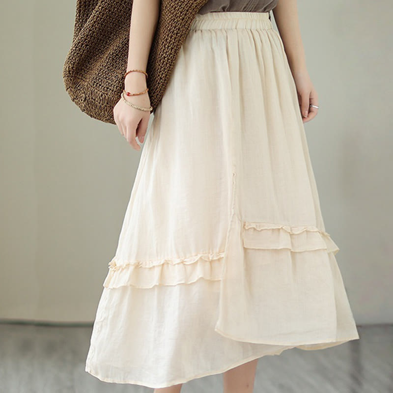 Buddha Stonesヴィンテージアーティスティックピュアカラーフリルデザイン不規則なレディースコットンリネンスカート