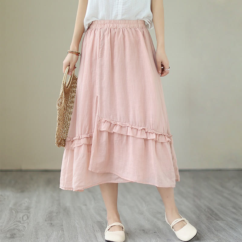 Buddha Stonesヴィンテージアーティスティックピュアカラーフリルデザイン不規則なレディースコットンリネンスカート