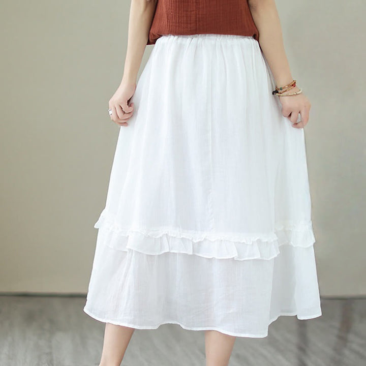 Buddha Stonesヴィンテージアーティスティックピュアカラーフリルデザイン不規則なレディースコットンリネンスカート