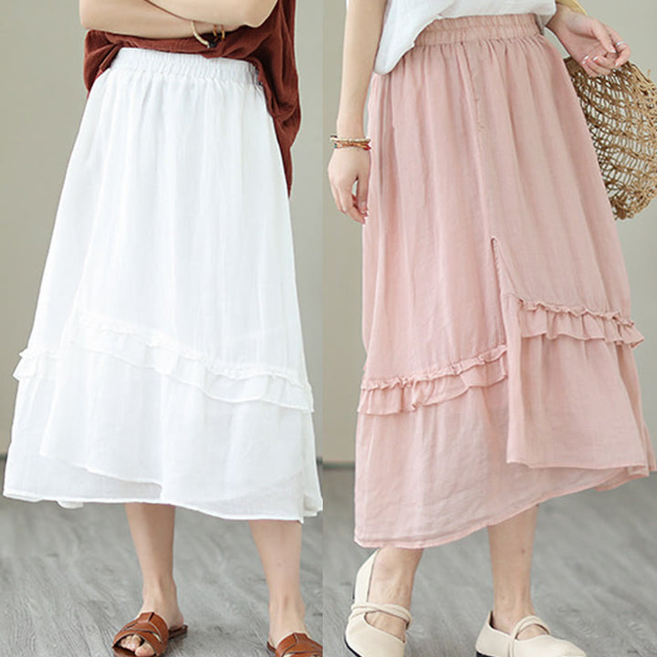 Buddha Stonesヴィンテージアーティスティックピュアカラーフリルデザイン不規則なレディースコットンリネンスカート