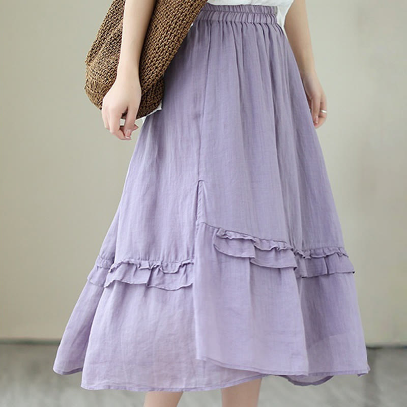 Buddha Stonesヴィンテージアーティスティックピュアカラーフリルデザイン不規則なレディースコットンリネンスカート