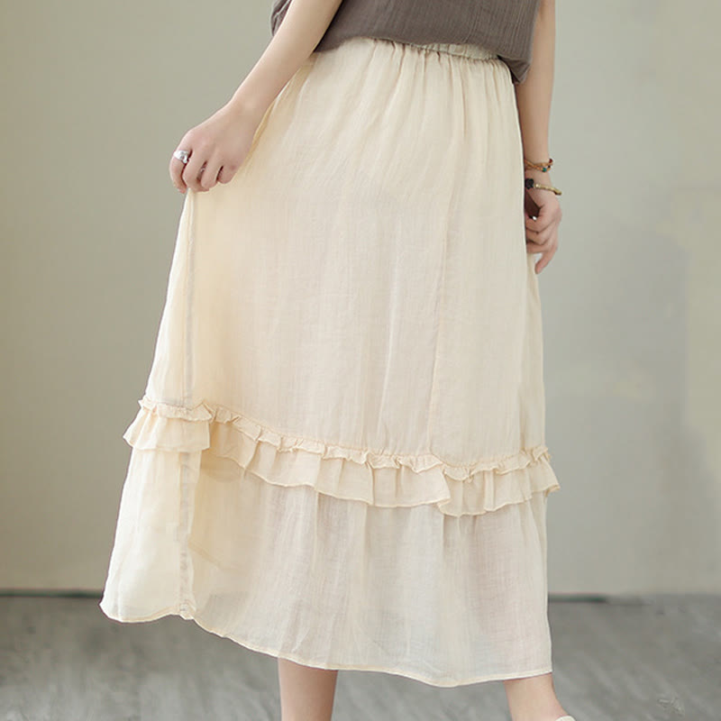 Buddha Stonesヴィンテージアーティスティックピュアカラーフリルデザイン不規則なレディースコットンリネンスカート