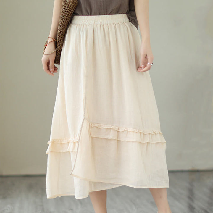 Buddha Stonesヴィンテージアーティスティックピュアカラーフリルデザイン不規則なレディースコットンリネンスカート