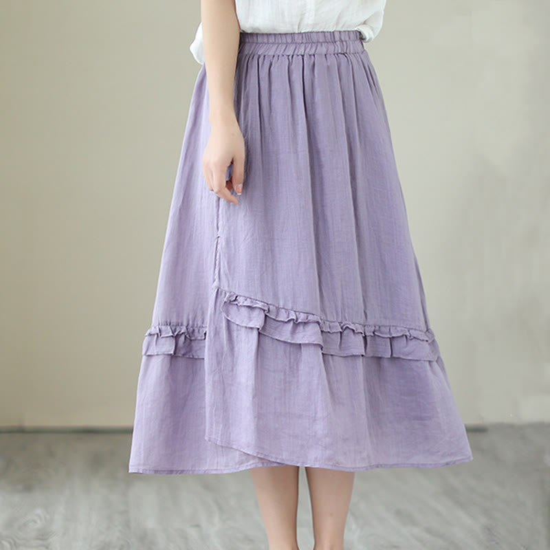 Buddha Stonesヴィンテージアーティスティックピュアカラーフリルデザイン不規則なレディースコットンリネンスカート