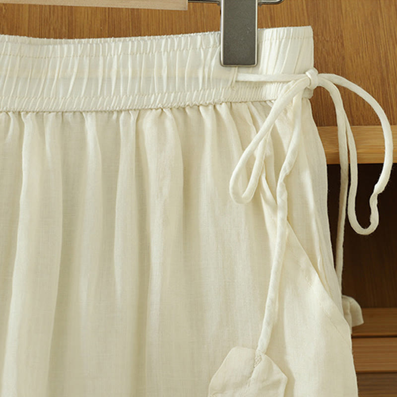 Buddha Stonesカジュアル 無地 裏地 リボン 伸縮性 レディース ポリエステル ワイドレッグパンツ ポケット付き